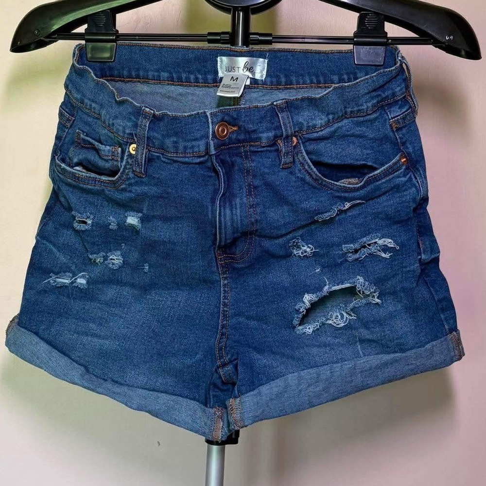 Just Be Womens Medium Blue Distressed Cuffed Denim Jean Shorts Mid Rise Grunge